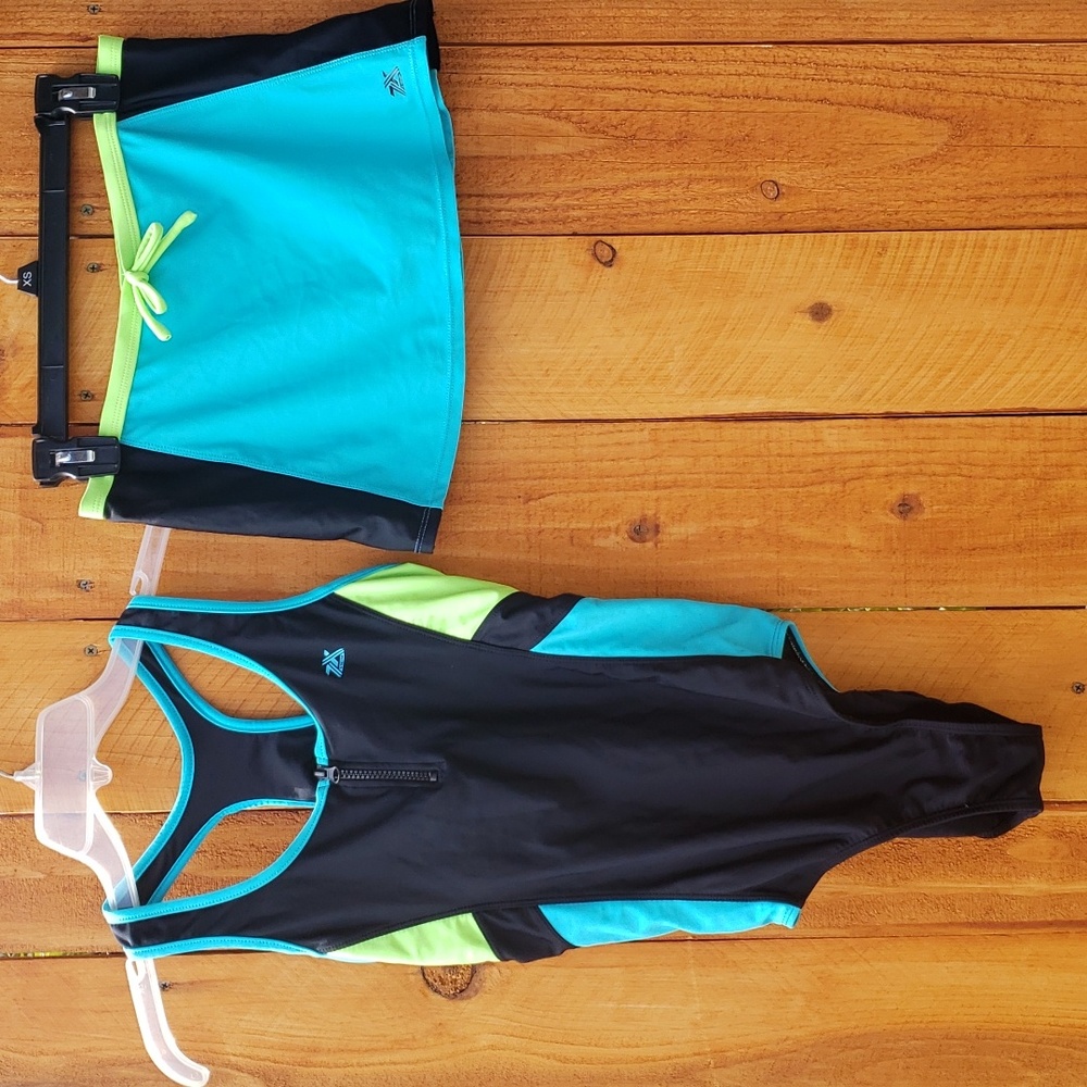 Zero Xposer One Piece Swimsuit + Swim Skirt Coverup Colors Green Black Blue - Picture 9 of 11